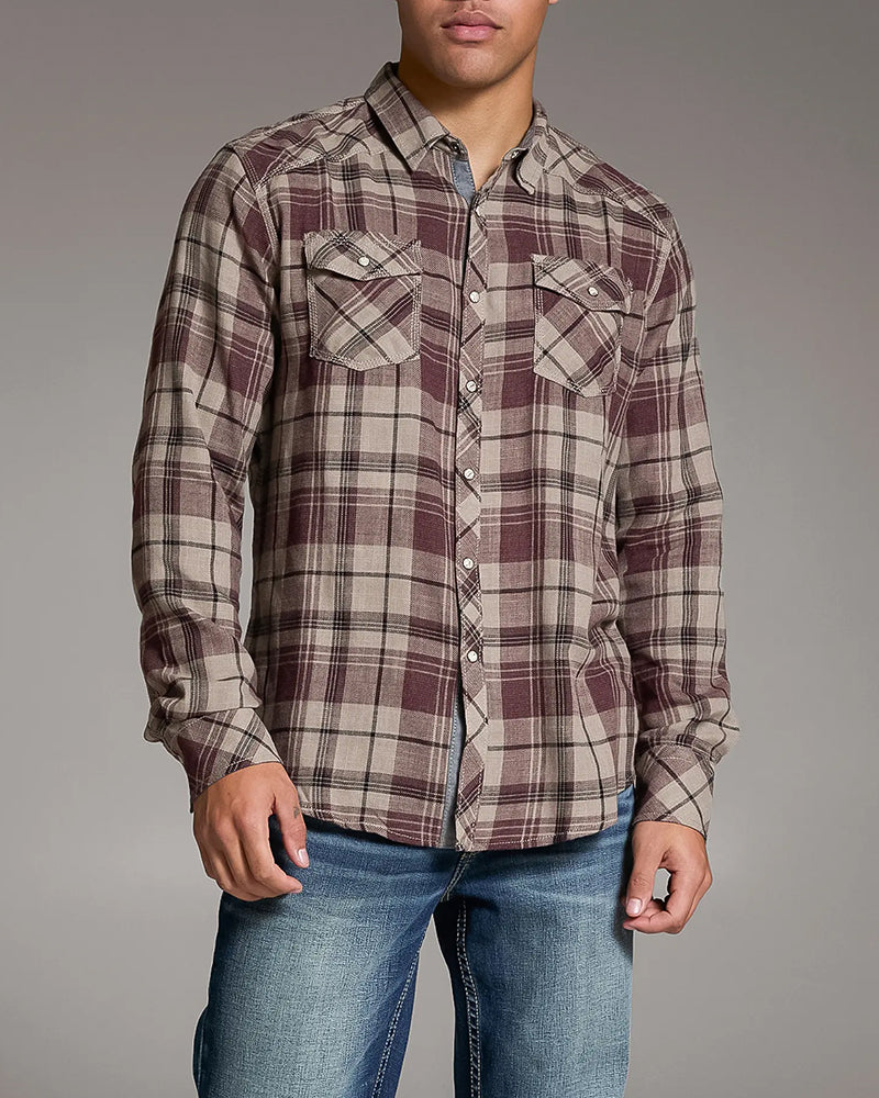 Tan Burgundy Plaid Athletic Western Long Sleeve Shirt