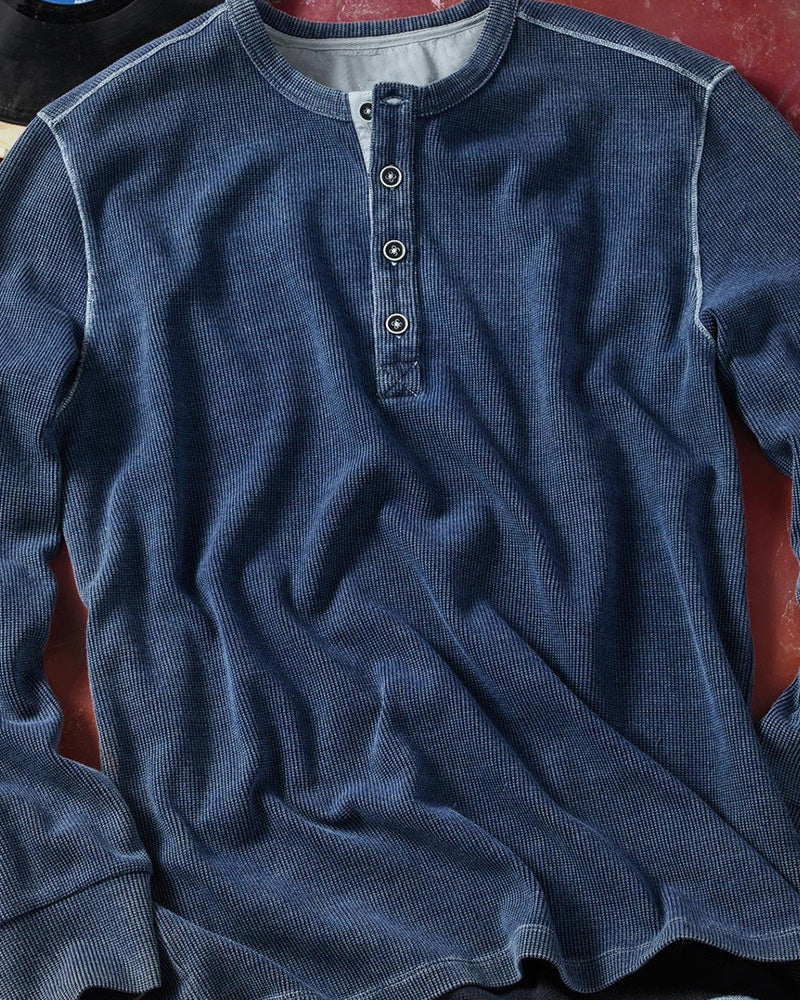 Indigo Waffle Knit Henley Top