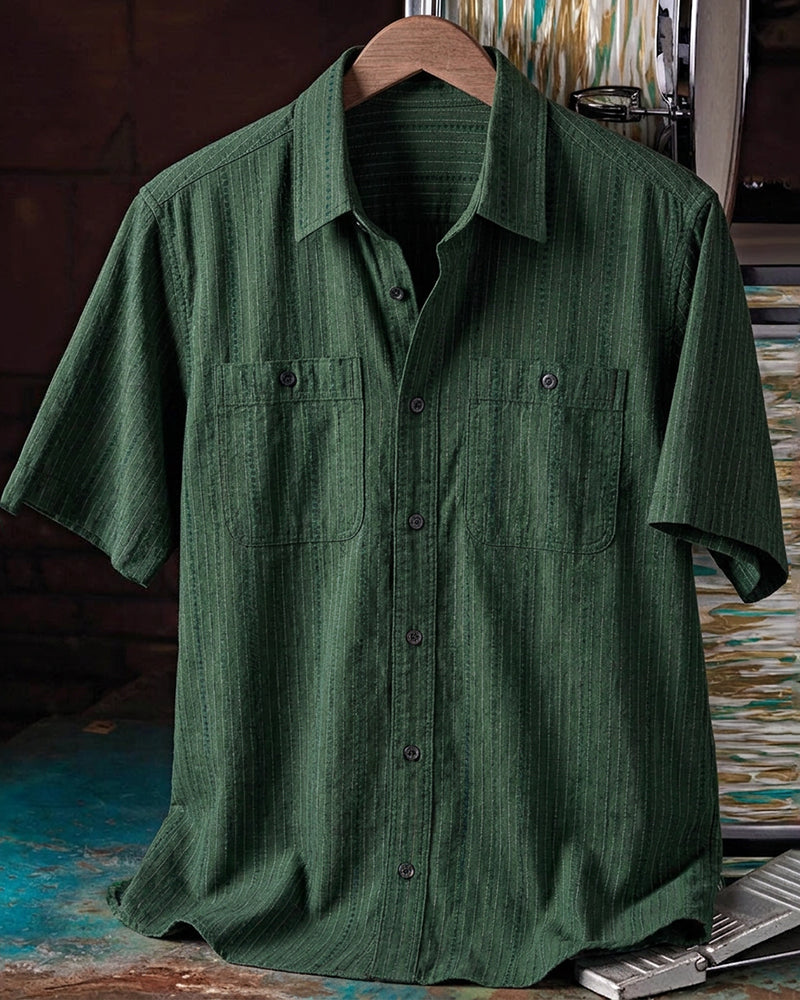 Dark Green Stripe Short Sleeve Pocket Shirt