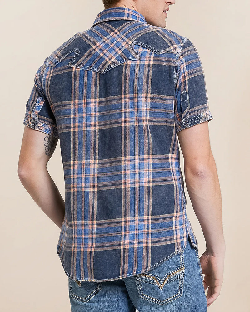 Blue Coral Washed Short Sleeve Standard Plaid Shirt