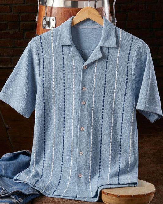 Dusty Blue Camp Collar Short Sleeve Shirt
