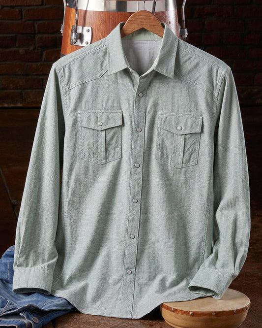 Solid Light Green Textured Snap Long Sleeve Shirt
