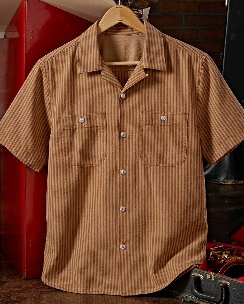 Caramel Brown Pinstripe Camp Collar Short Sleeve Shirt