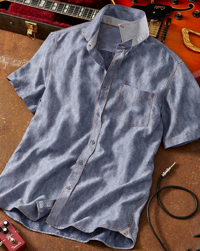 Short Sleeve Herringbone Pattern Shirt