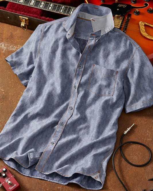 Short Sleeve Herringbone Pattern Shirt