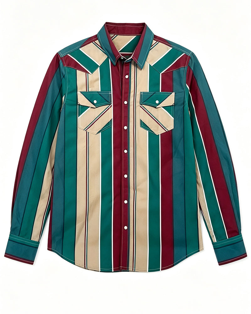 Men's Vertical Striped Long Sleeve Pearl Snap Dual Pocket Western Shirt