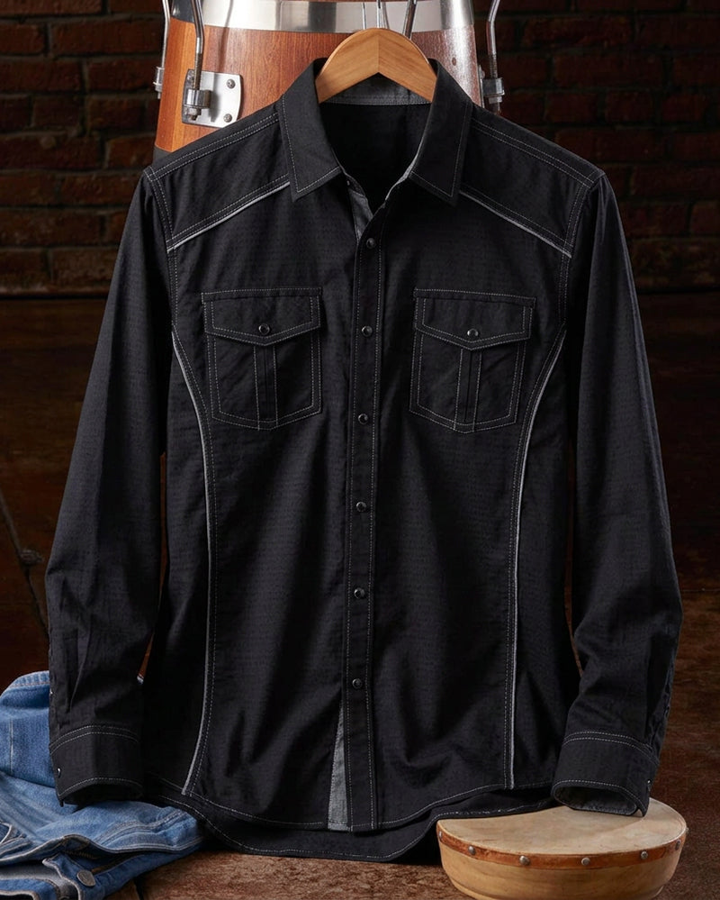 Black Contrast Trim Snap Long Sleeve Shirt