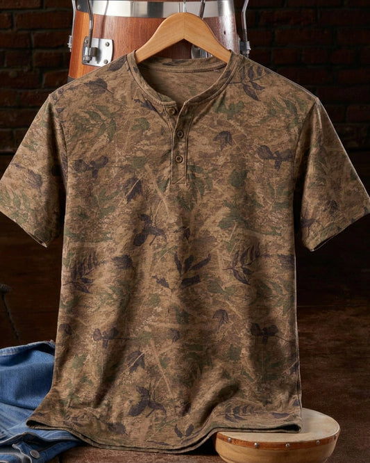 Men's Brown Leaf Printed Henley T-Shirt