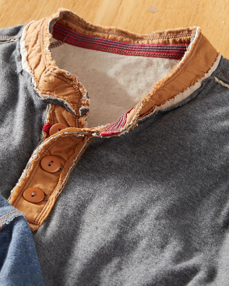 Men's Frayed Trim Henley Short Sleeve Tee
