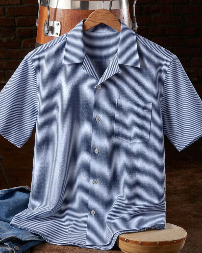 Men's Blue Pinstripe Camp Collar Shirt