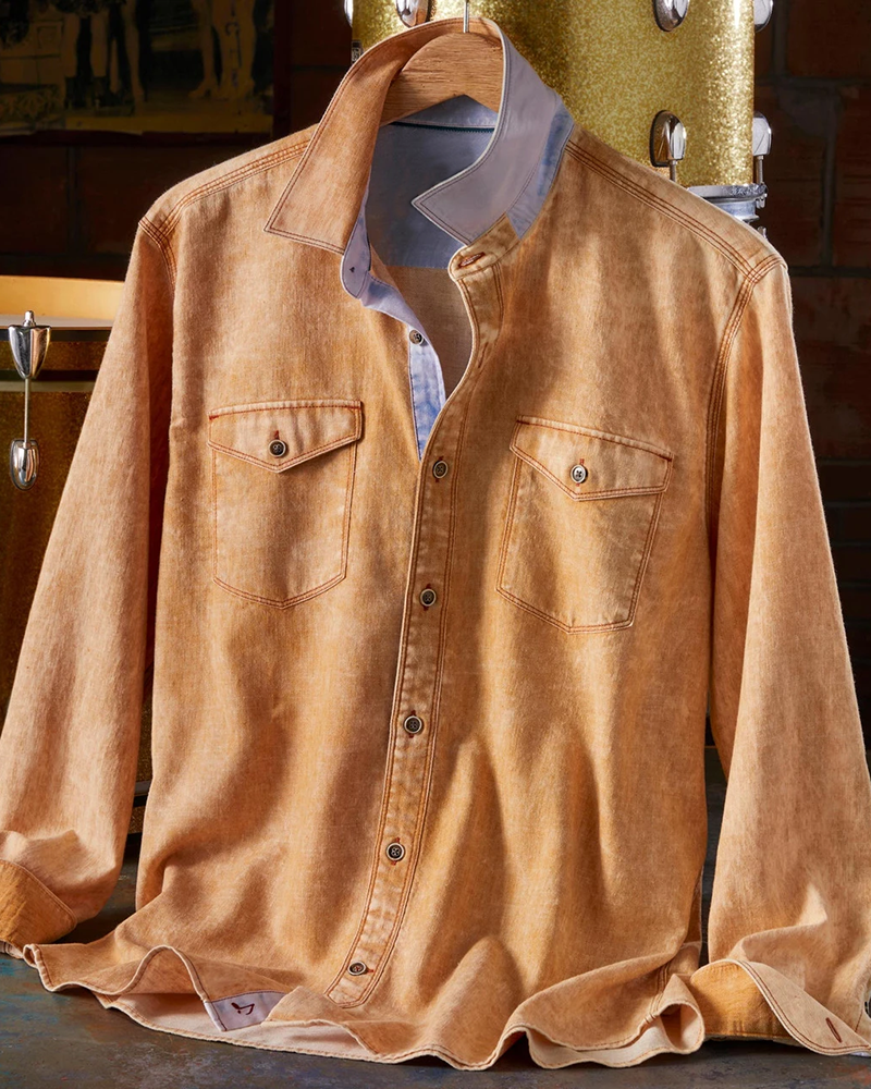 Long Sleeve Pockets Antique Gold Cotton Linen Shirt