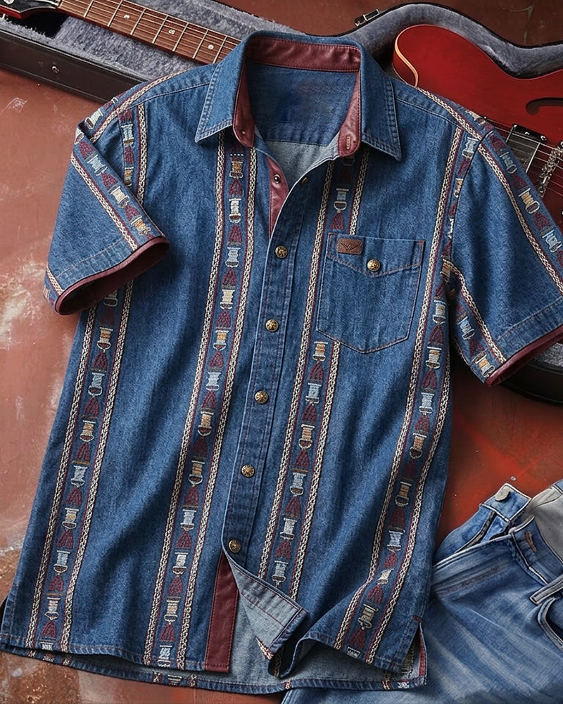 Ethnic Striped Short Sleeve Denim Shirt