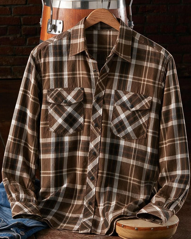 Brown Cream Rustic Standard Fit Snap Plaid Shirt