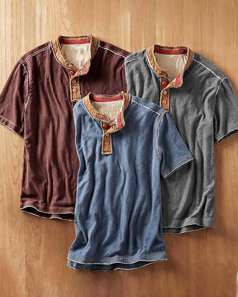 Men's Frayed Trim Henley Short Sleeve Tee