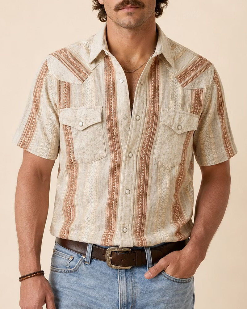 Men's Beige Brown Textured Striped Short Sleeve Western Shirt