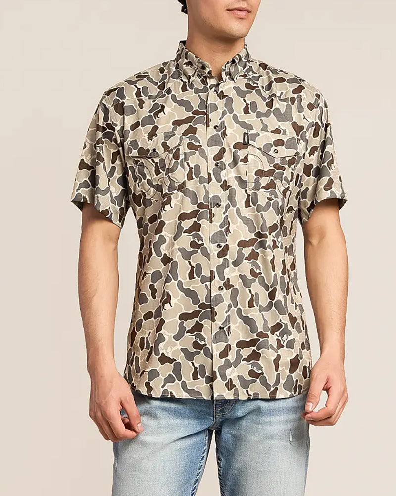 Grey Camo Printed Western Snap Button Short Sleeve Shirt