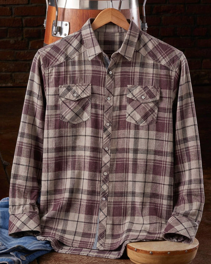Tan Burgundy Plaid Athletic Western Long Sleeve Shirt