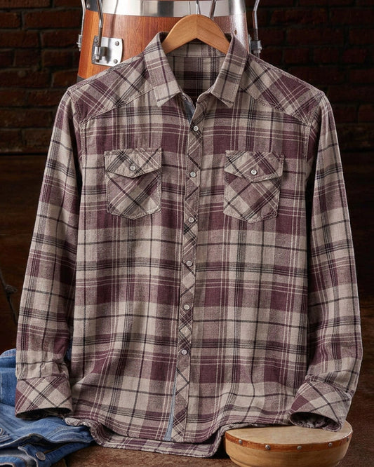 Tan Burgundy Plaid Athletic Western Long Sleeve Shirt