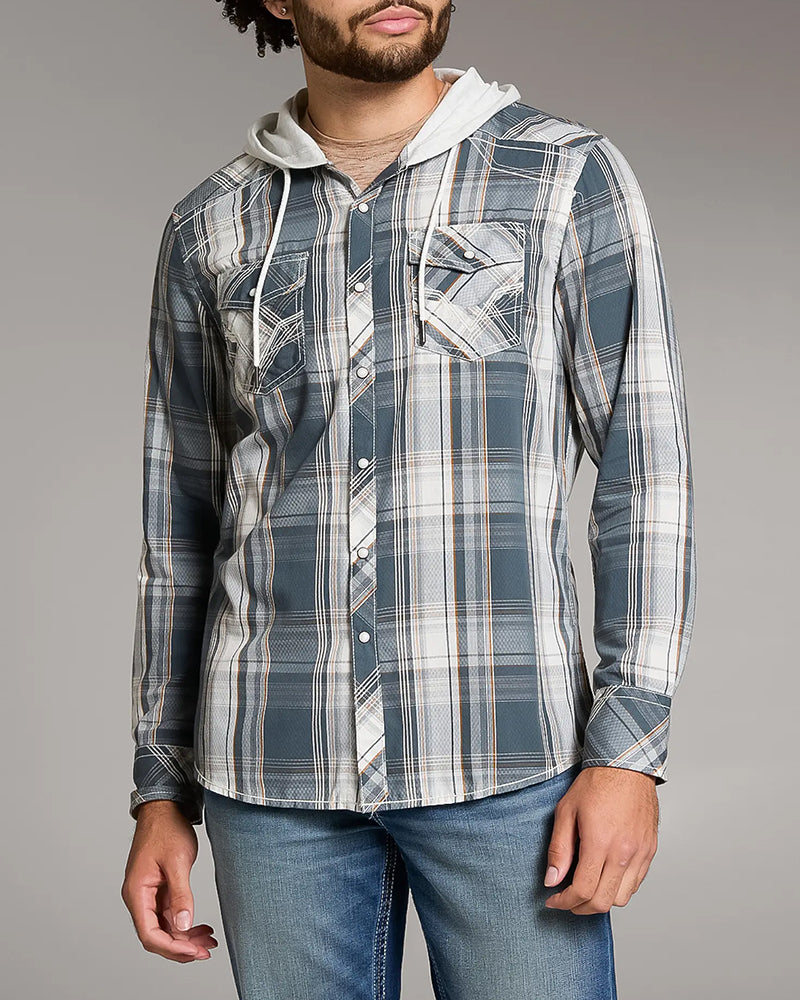 Blue Cream Plaid Contrast Hooded Western Long Sleeve Shirt
