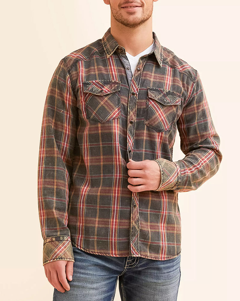 Red Black Washed Contrast Cuff Plaid Shirt