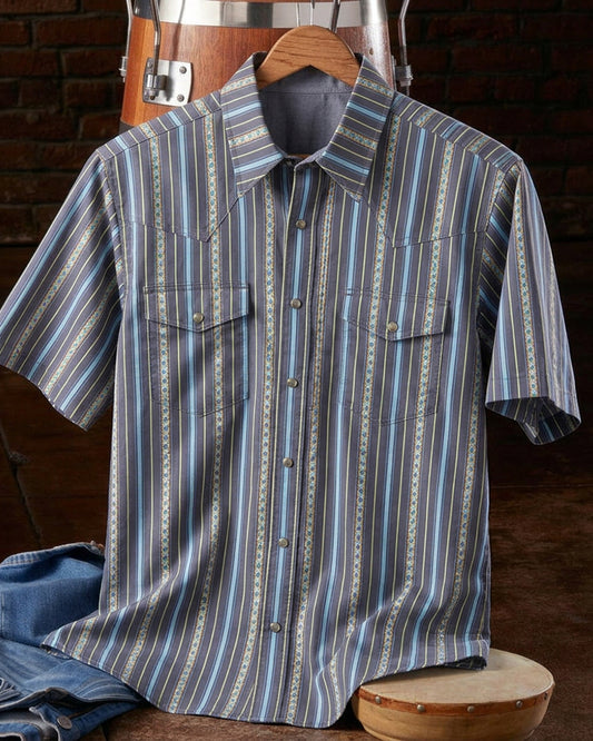 Men's Western Lapel Vertical Stripe Double Pocket Short Sleeve Shirt