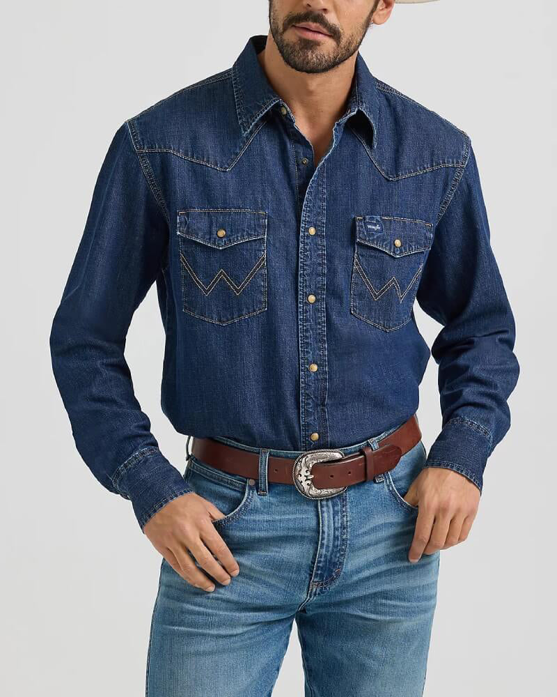 Dark Wash Denim Western W Stitched Snap Long Sleeve Shirt