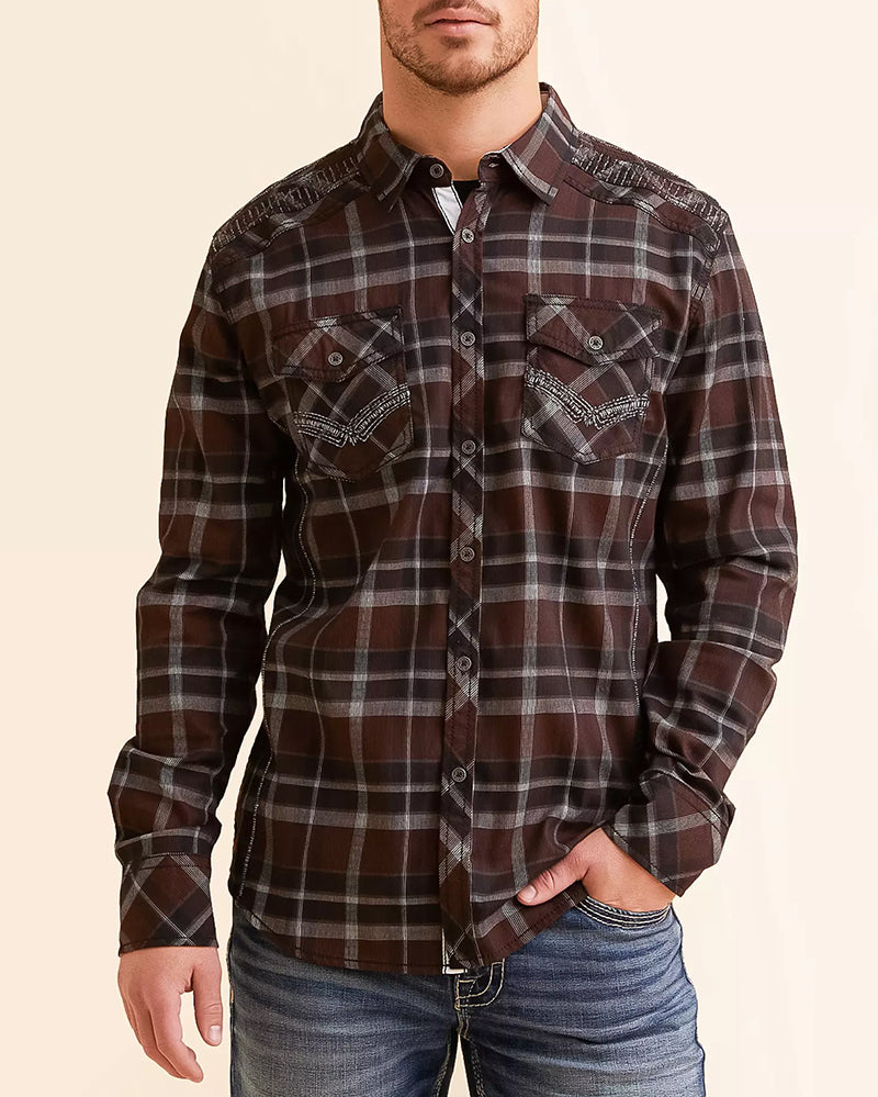 Maroon Black Contrast Cuff Athletic Plaid Shirt