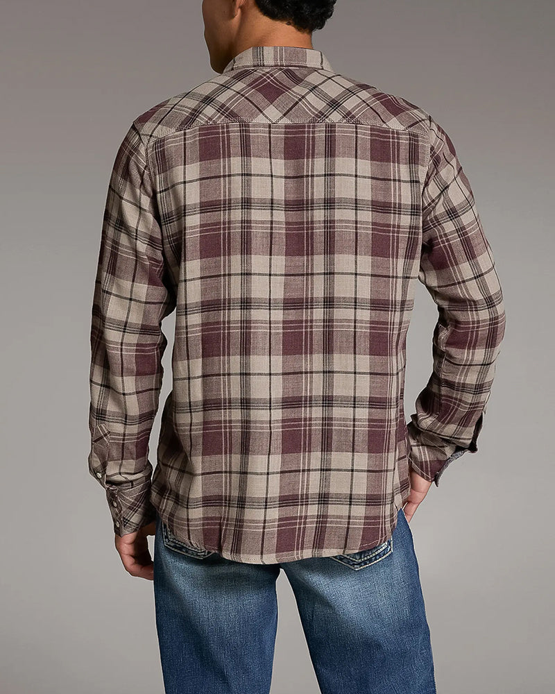 Tan Burgundy Plaid Athletic Western Long Sleeve Shirt