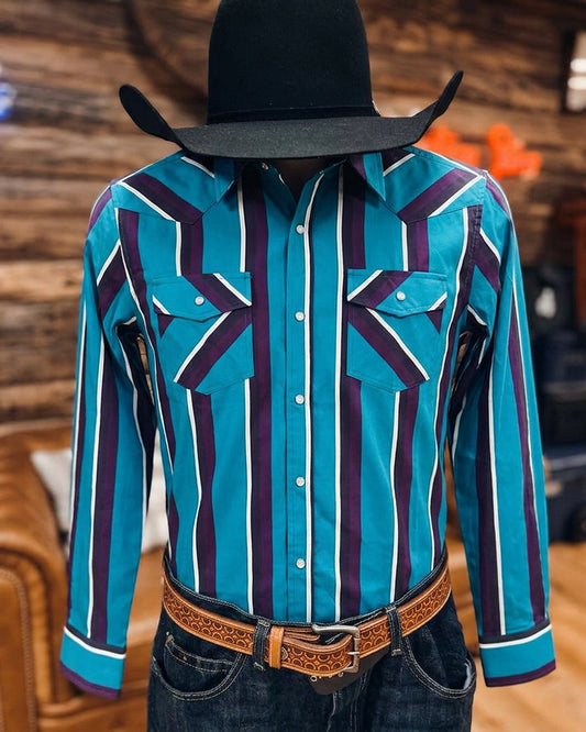 Men's Three Tone Vertical Striped Long Sleeve Western Shirt