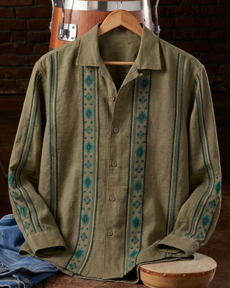 Men's Long Sleeve Ethnic Stripe Print Shirt