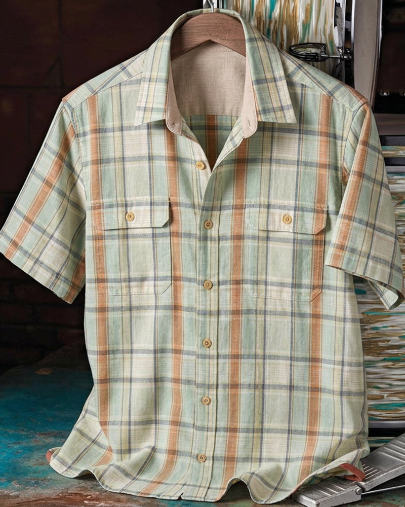 Sage Green Plaid Short Sleeve Casual Shirt