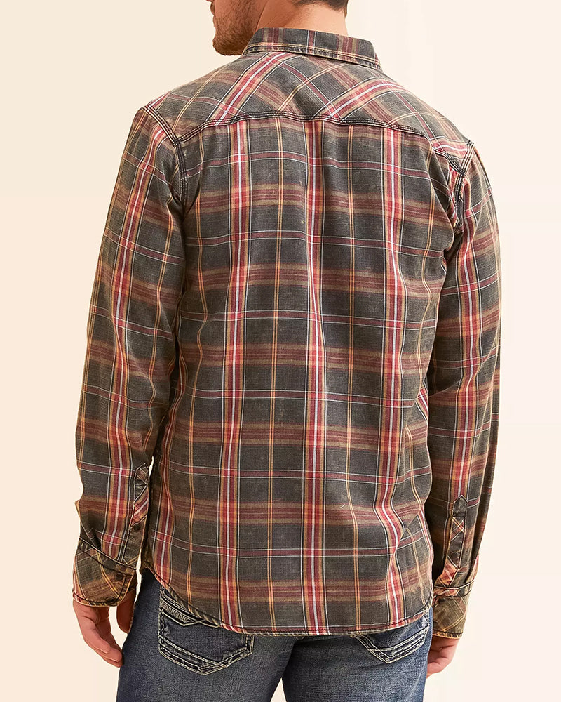 Red Black Washed Contrast Cuff Plaid Shirt
