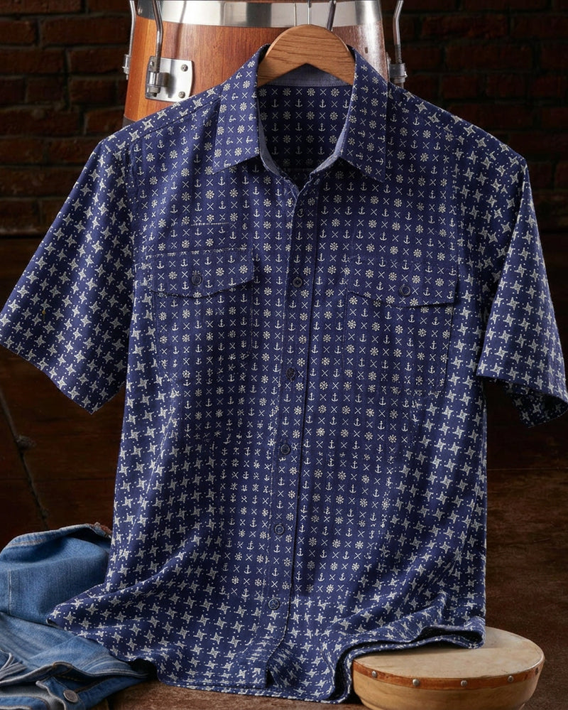 Navy Nautical Print Camp Collar Short Sleeve Shirt