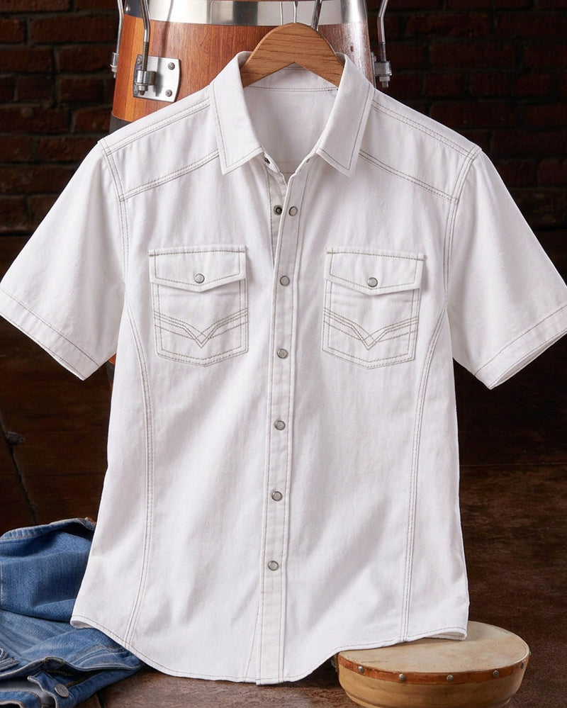 Men's Contrast Trim Textured Western Short Sleeve Shirt
