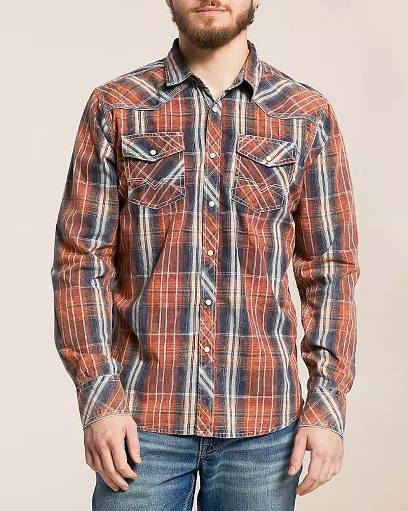 Red Blue Washed Western Athletic Plaid Shirt