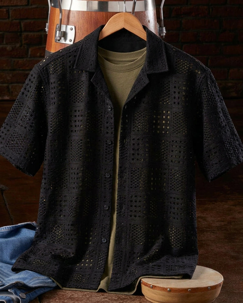 Men's Crochet Textured Camp Collar Short Sleeve Shirt