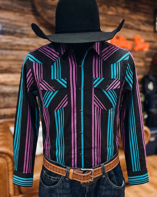 Men's Vertical Striped Long Sleeve Western Shirt