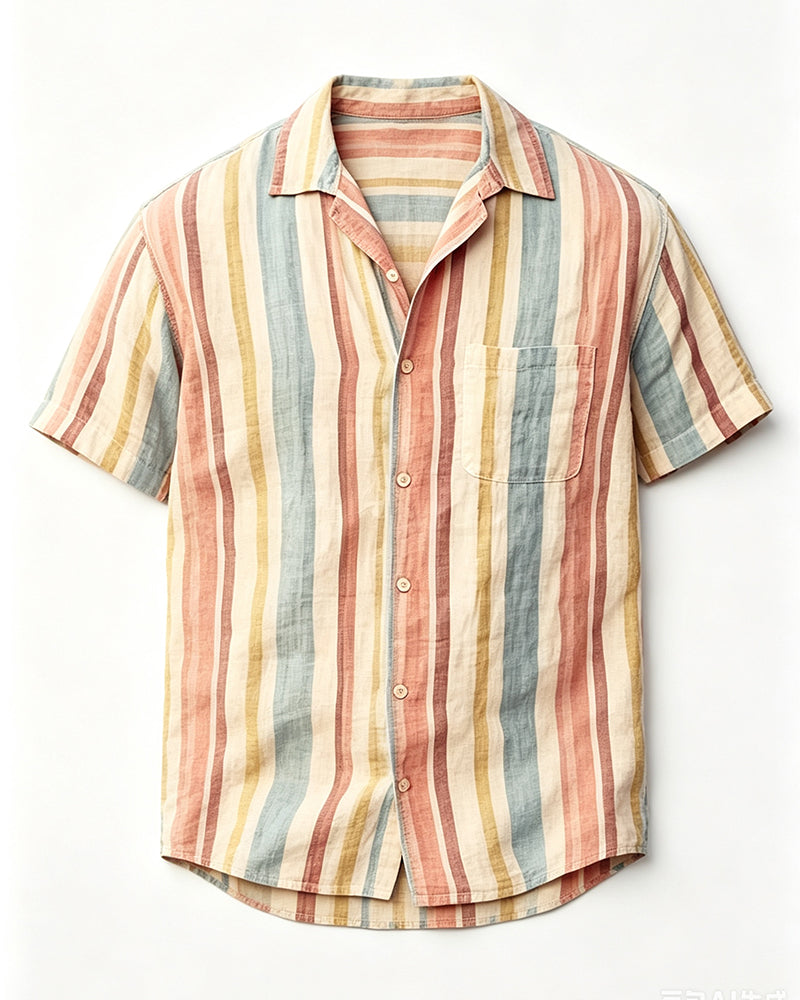 Men's Stripe Camp Collar Short Sleeve Shirt