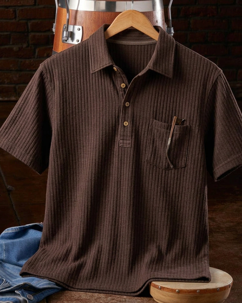 Vertical Rib Button Placket Chest Pocket Short Sleeve Polo Shirt