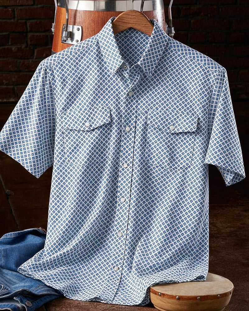 White Geo Print Western Short Sleeve Shirt