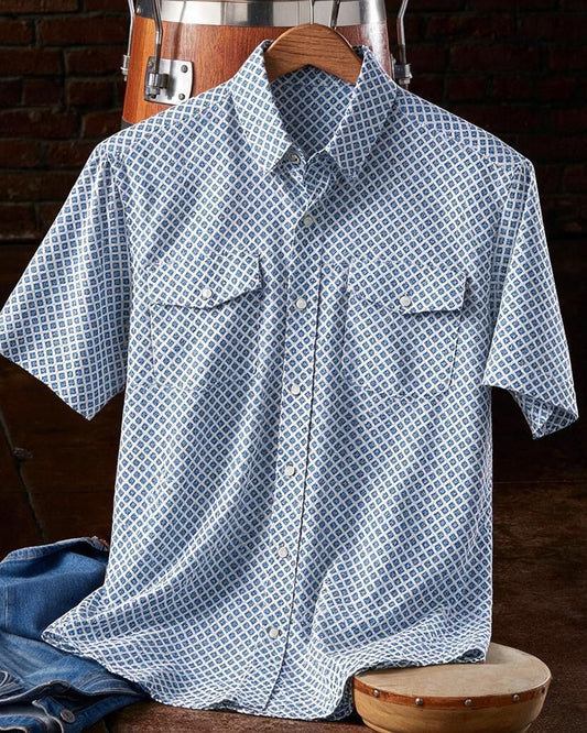 White Geo Print Western Short Sleeve Shirt