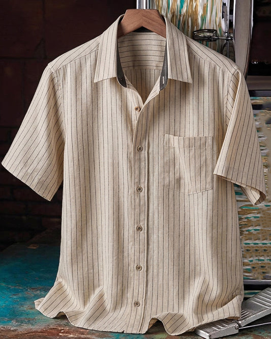 Beige Stripe Short Sleeve Pocket Shirt