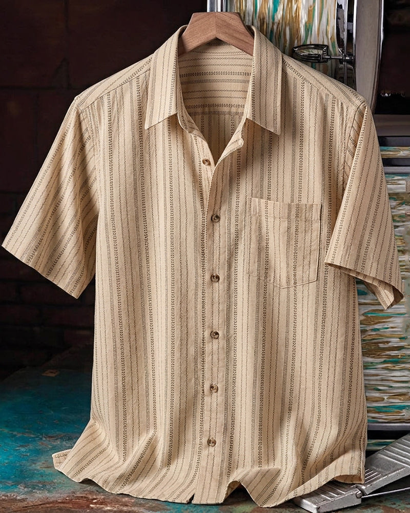 Khaki Vertical Stripe Short Sleeve Camp Shirt