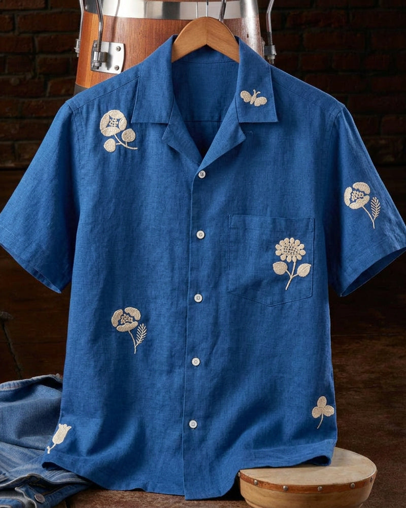 Royal Blue Floral Motif Camp Collar Short Sleeve Shirt