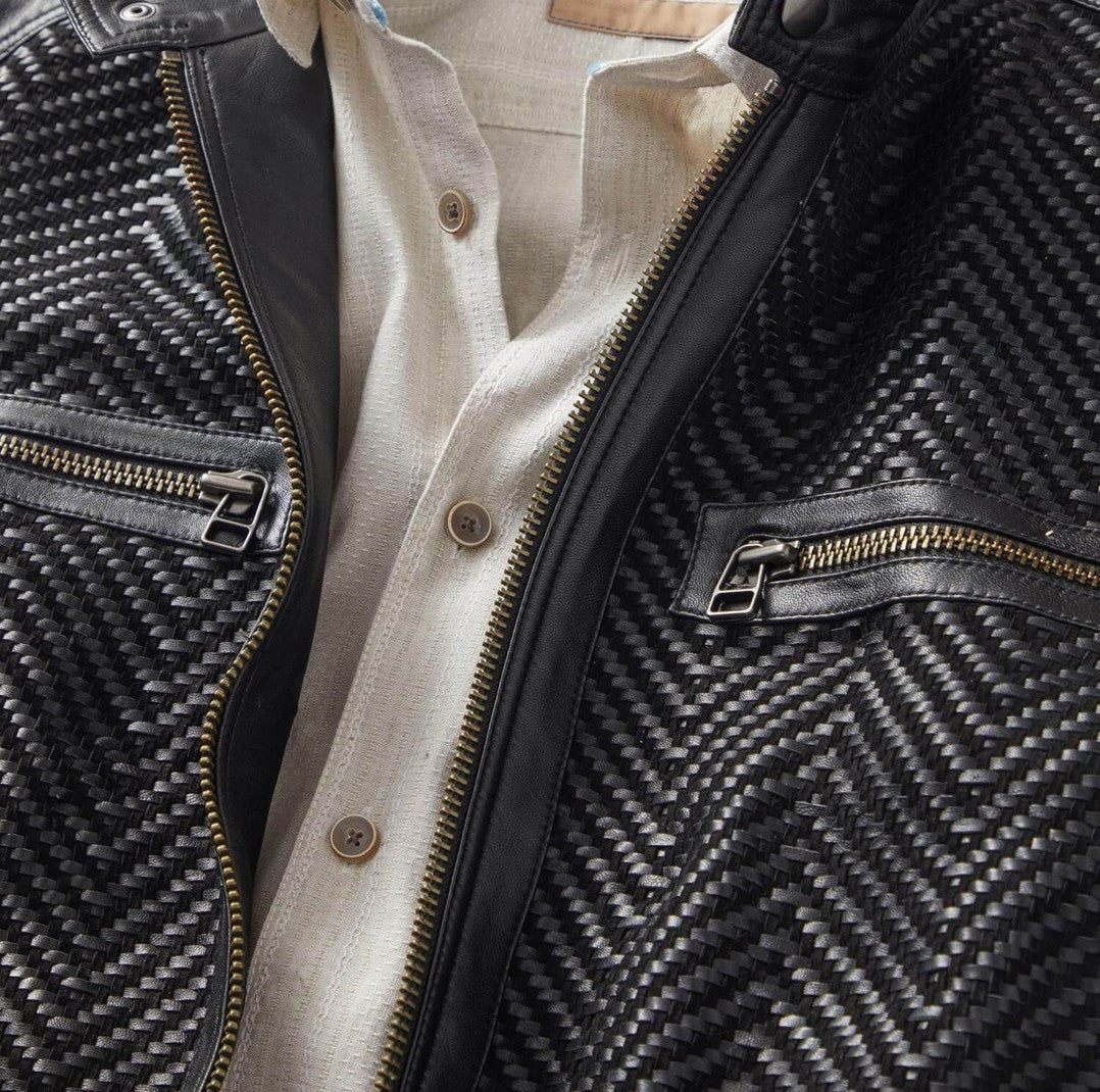 Woven Lambskin Leather Moto Jacket