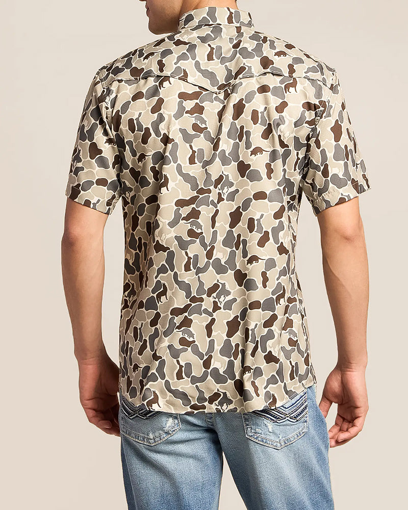 Grey Camo Printed Western Snap Button Short Sleeve Shirt