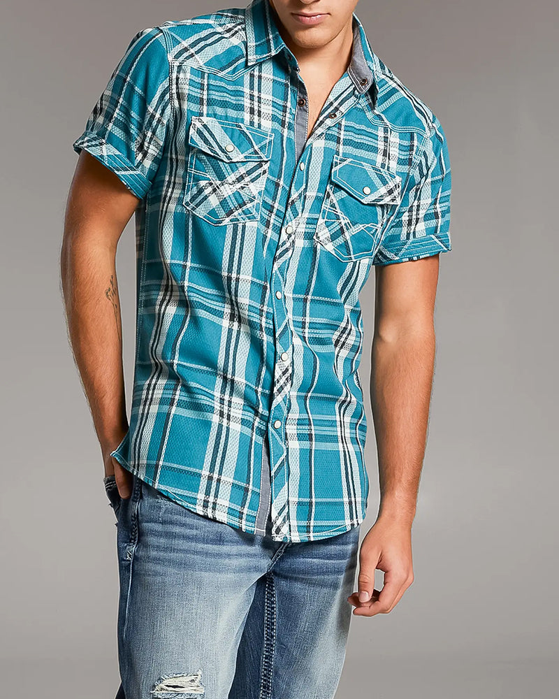 Teal Short Sleeve Standard Plaid Snap Shirt