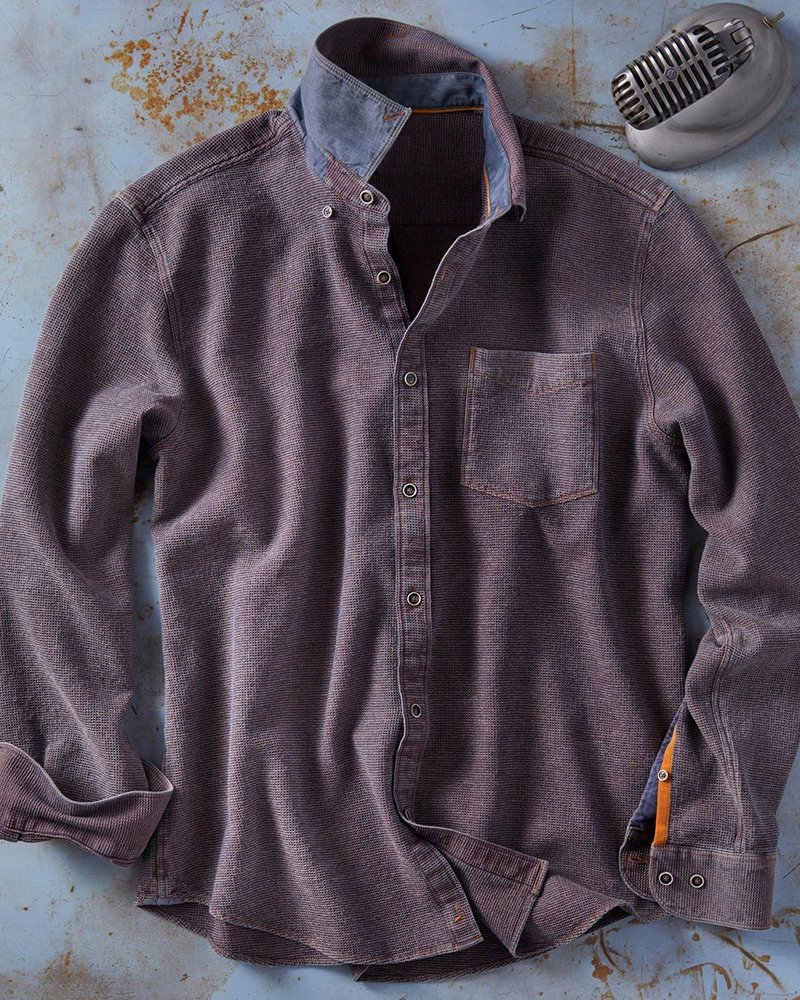 Long Sleeve Indigo-Dyed Waffle Weave Shirt