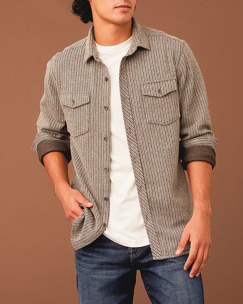 Vertical Stripe Knit Athletic Button Shirt