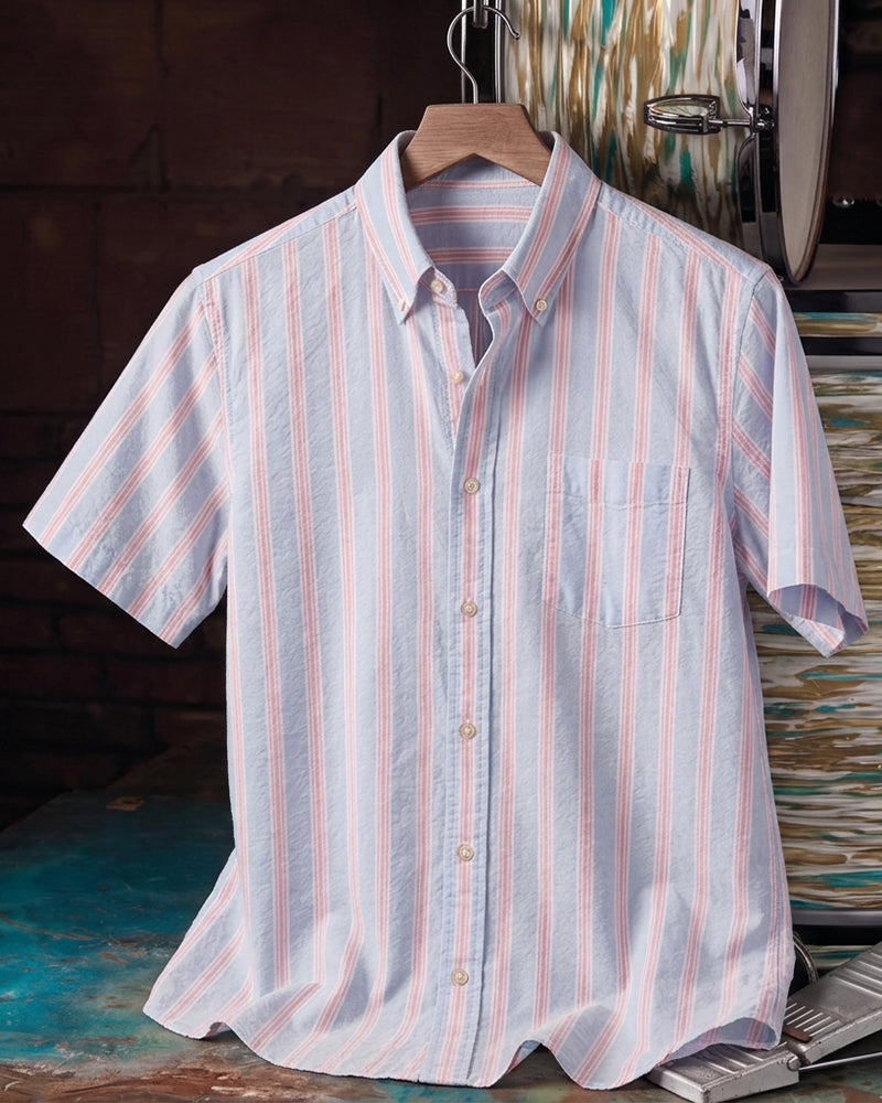 Dusty Blue Red Stripe Short Sleeve Shirt
